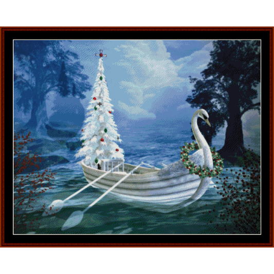 Counted Cross Stitch Pattern by Cross Stitch Collectibles  featuring a Christmas tree and a swan with decorations, set against a blue and green fantasy landscape.