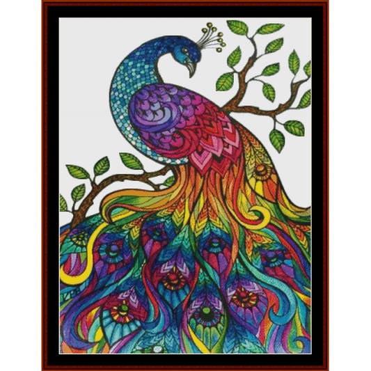 A colorful Counted Cross Stitch Pattern by Cross Stitch Collectibles of a peacock with a mandala-like design, surrounded by floral motifs and leaves