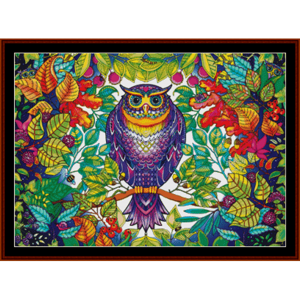 Counted Cross Stitch Pattern by Cross Stitch Collectibles  of an owl surrounded by colorful leaves and berries in a garden setting.