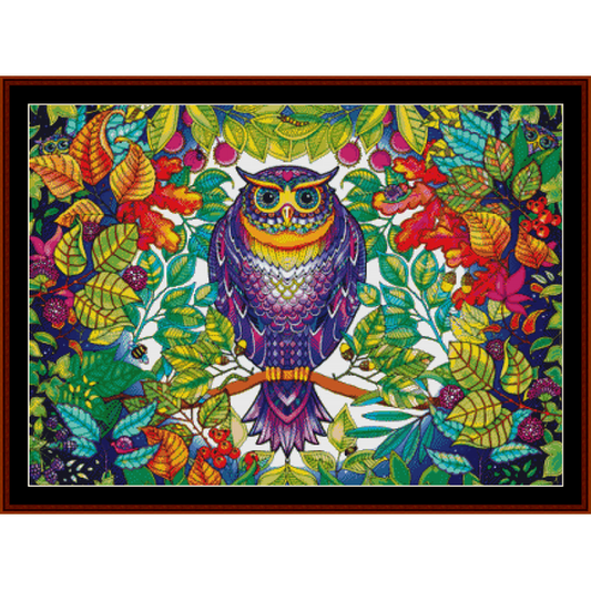 Counted Cross Stitch Pattern by Cross Stitch Collectibles  of an owl surrounded by colorful leaves and berries in a garden setting.