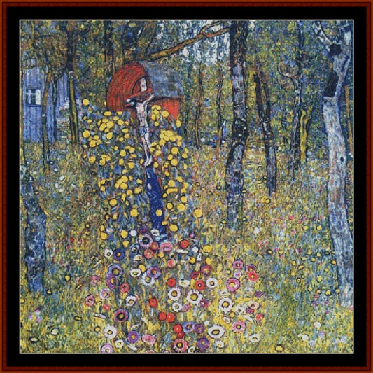 Counted Cross Stitch Pattern by Cross Stitch Collectibles depicting a garden scene with a variety of flowers and a structure in the background