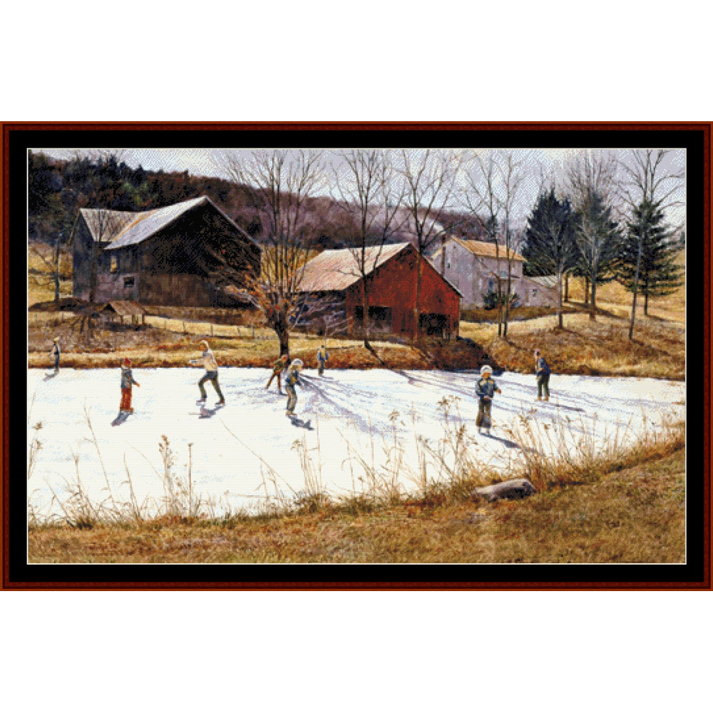 Counted Cross Stitch Pattern by Cross Stitch Collectiblesof people ice skating on a frozen pond with a barn and trees in the background.