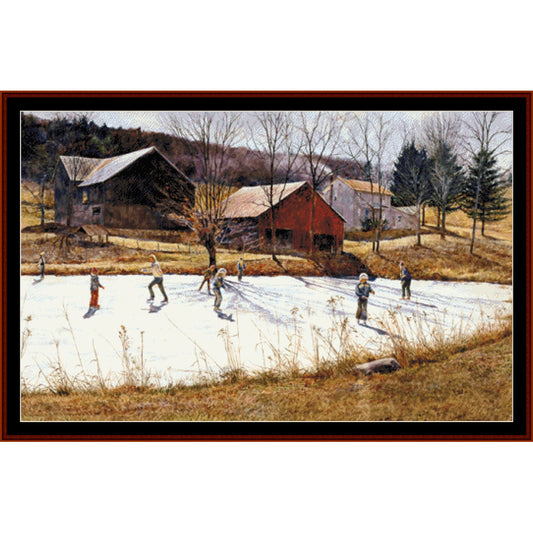 Counted Cross Stitch Pattern by Cross Stitch Collectiblesof people ice skating on a frozen pond with a barn and trees in the background.