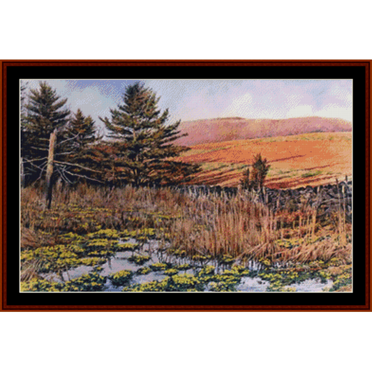 Counted Cross Stitch Pattern by Cross Stitch Collectibles depicting a landscape with trees, fields, and a fence