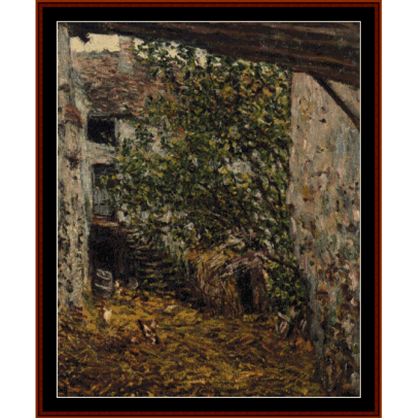 Counted Cross Stitch Pattern: Farmyard - Claude Monet showing a colorful image of a farmyard scene with a tree and a building.