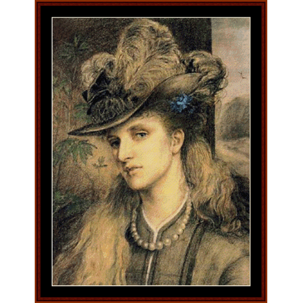 Vintage-style Counted Cross Stitch Pattern by Cross Stitch Collectibles of a woman wearing an elaborate hat with feathers and a blue flower.