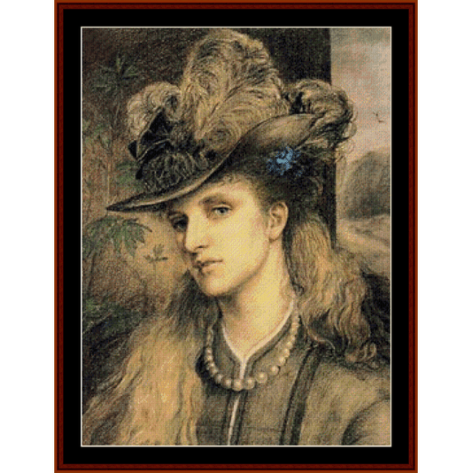 Vintage-style Counted Cross Stitch Pattern by Cross Stitch Collectibles of a woman wearing an elaborate hat with feathers and a blue flower.