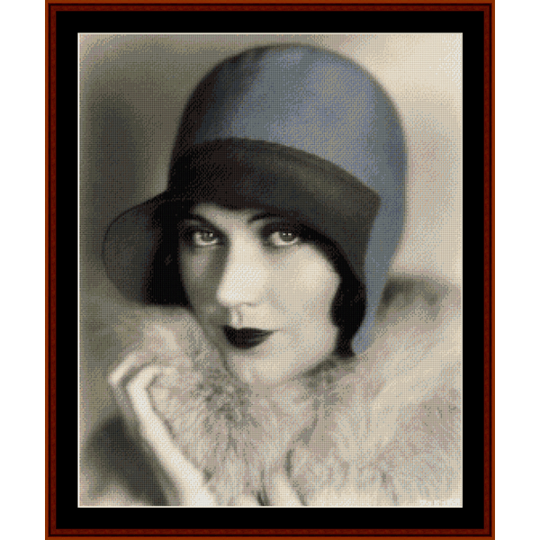 A vintage portrait Counted Cross Stitch Pattern by Cross Stitch Collectibles featuring a woman with a blue hat and a white fur stole, resembling a classic portrait painting.