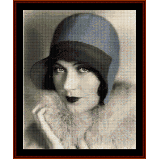 A vintage portrait Counted Cross Stitch Pattern by Cross Stitch Collectibles featuring a woman with a blue hat and a white fur stole, resembling a classic portrait painting.