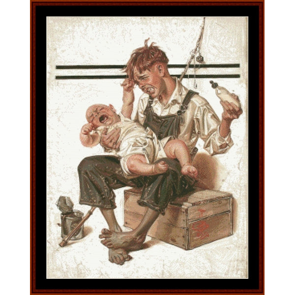 Counted Cross Stitch Pattern by Cross Stitch Collectibles of a man holding a baby on a box with a bottle and other items around