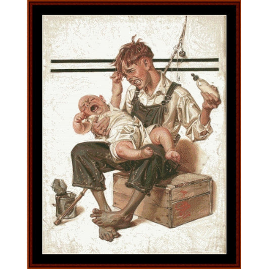 Counted Cross Stitch Pattern by Cross Stitch Collectibles of a man holding a baby on a box with a bottle and other items around