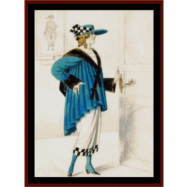 Counted Cross Stitch Pattern by Cross Stitch Collectibles depicting a female costume in a blue jacket and black pants, holding a cane, with a large print of an open door in the background.
