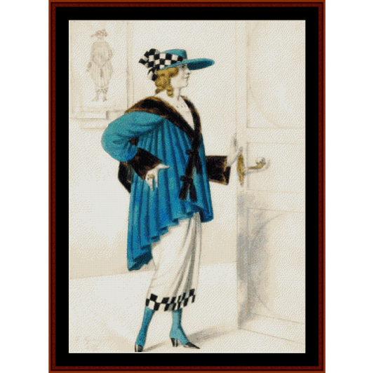 Counted Cross Stitch Pattern by Cross Stitch Collectibles depicting a female costume in a blue jacket and black pants, holding a cane, with a large print of an open door in the background.