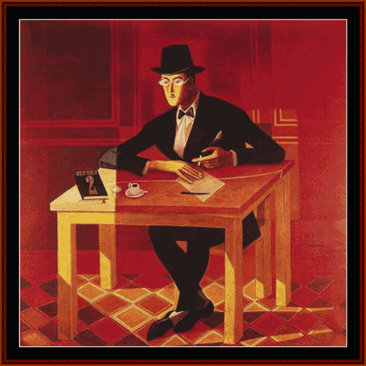 Counted Cross Stitch Pattern by Cross Stitch Collectibles featuring a man in a suit seated at a table, reading or writing, with a red background and a hat on his head.