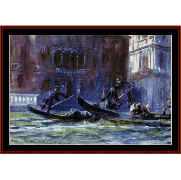Counted Cross Stitch Pattern by Cross Stitch Collectibles of gondoliers in gondolas on a canal with buildings in the background