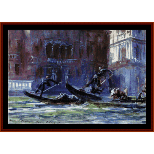 Counted Cross Stitch Pattern by Cross Stitch Collectibles of gondoliers in gondolas on a canal with buildings in the background