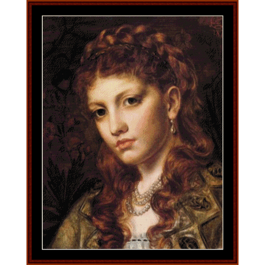 Counted Cross Stitch Pattern by Cross Stitch Collectibles depicting a portrait of a woman with red hair, dressed in period clothing, against a dark background.