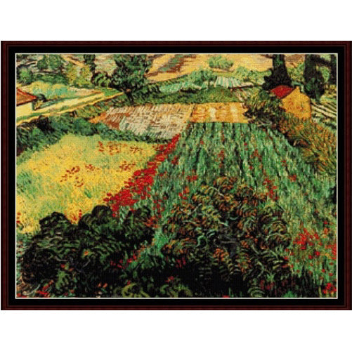 Counted Cross Stitch Pattern by Cross Stitch Collectibles of a landscape with greenery and red flowers