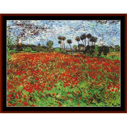 Counted Cross Stitch Pattern by Cross Stitch Collectibles of a field of red flowers with a blue sky and trees in the background.
