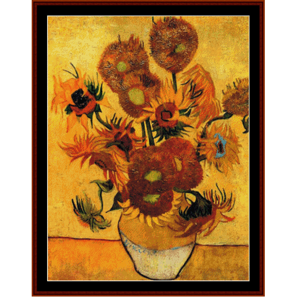 Counted Cross Stitch Pattern by Cross Stitch Collectibles with vibrant yellow and orange sunflowers in a white vase against a yellow background