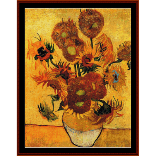 Counted Cross Stitch Pattern by Cross Stitch Collectibles with vibrant yellow and orange sunflowers in a white vase against a yellow background