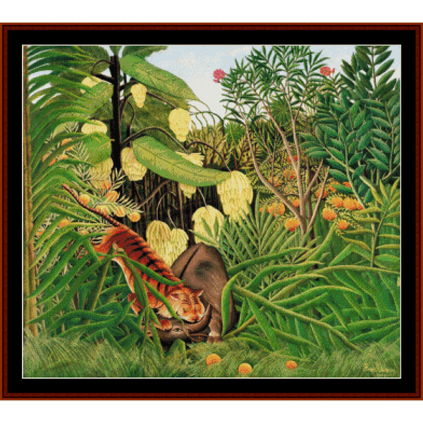 Counted Cross Stitch Pattern by Cross Stitch Collectibles of a tiger and bear in a lush jungle setting