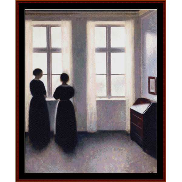 Counted Cross Stitch Pattern by Cross Stitch Collectibles depicting figures by a window, in a style reminiscent of V. Hammershoi, with a black and white color scheme.