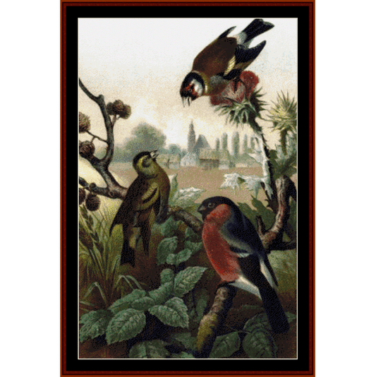 Vintage-style Counted Cross Stitch Pattern by Cross Stitch Collectibles of three birds on a branch with a landscape in the background.