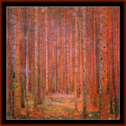 Counted Cross Stitch Pattern by Cross Stitch Collectibles Forest scene with tall trees in warm colors
