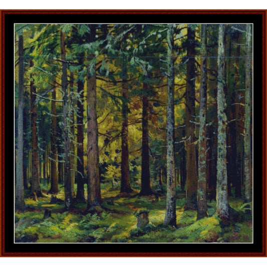 Counted cross stitch pattern by Cross Stitch Collectibles depicting a Forest scene with tall trees and dappled sunlight
