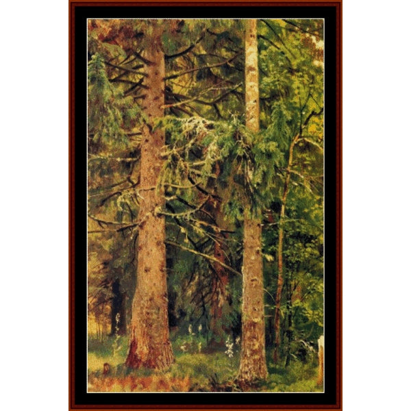 Counted Cross Stitch Pattern by Cross Stitch Collectibles of two tall trees in a forest