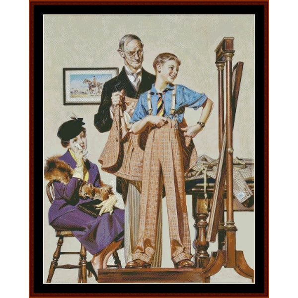 Counted Cross Stitch Pattern by Cross Stitch Collectibles of a family scene with a man, woman, and child in a room.