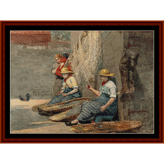 Counted Cross Stitch Pattern by Cross Stitch Collectibles depicting two fisherfolk figures by a water's edge, with a town in the background.