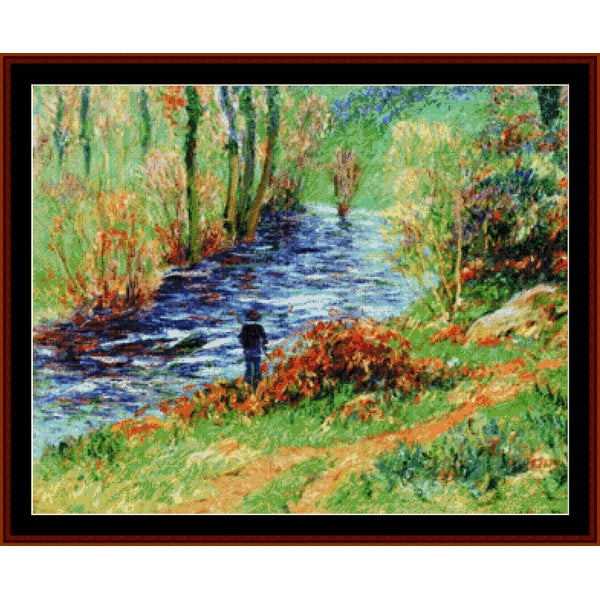 Counted Cross Stitch Pattern by Cross Stitch Collectibles of a river scene with a person walking along the bank, surrounded by trees and foliage.