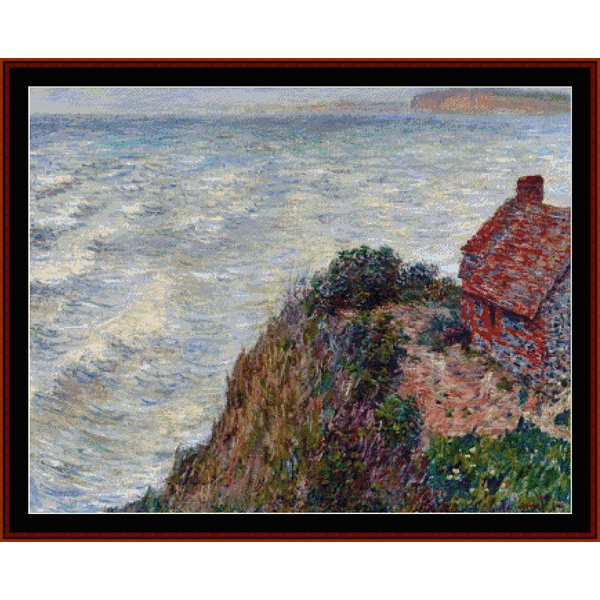 Counted Cross Stitch Pattern by Cross Stitch Collectibles featuring a painting of a fisherman's house in Petit Gilly with a large body of water and a red roofed house in the background.