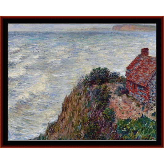 Counted Cross Stitch Pattern by Cross Stitch Collectibles featuring a painting of a fisherman's house in Petit Gilly with a large body of water and a red roofed house in the background.