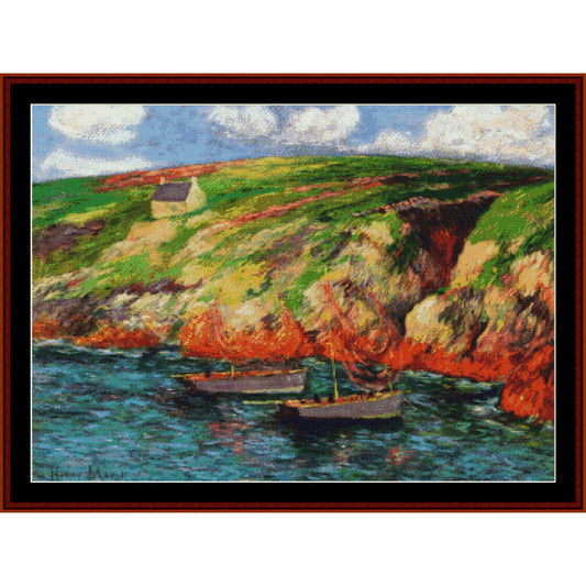 Counted Cross Stitch Pattern by Cross Stitch Collectibles of a coastal scene with a boat, cliffs, and a house on a hill.