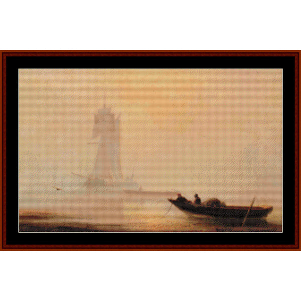 Counted Cross Stitch Pattern by Cross Stitch Collectibles of a lighthouse and boats on a misty evening.