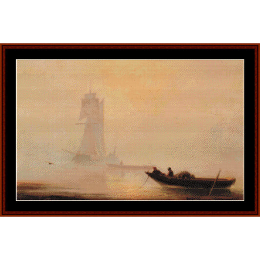Counted Cross Stitch Pattern by Cross Stitch Collectibles of a lighthouse and boats on a misty evening.