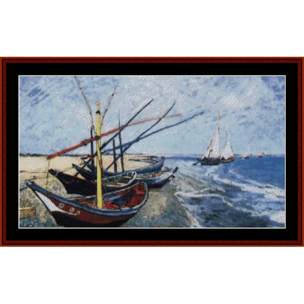 Counted Cross Stitch Pattern by Cross Stitch Collectibles featuring boats on a beach with a clear sky.