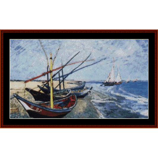 Counted Cross Stitch Pattern by Cross Stitch Collectibles featuring boats on a beach with a clear sky.