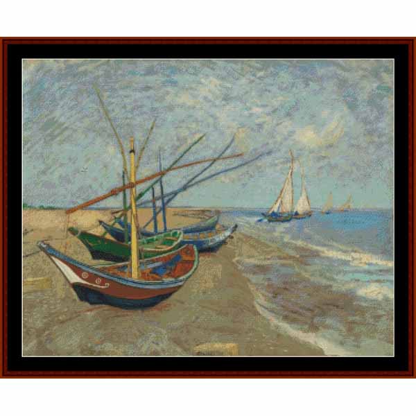 Counted Cross Stitch Pattern by Cross Stitch Collectibles on a beach with a calm sea and sky.