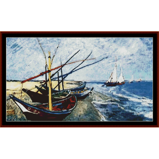 Counted Cross Stitch Pattern by Cross Stitch Collectibles depicting fishing boats on the beach