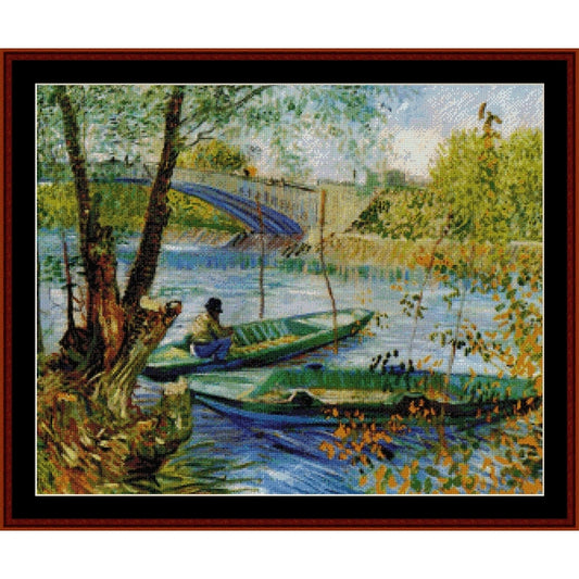 Counted Cross Stitch Pattern by Cross Stitch Collectibles of a landscape with a boat and a person sitting on a riverbank, inspired by Van Gogh's style.