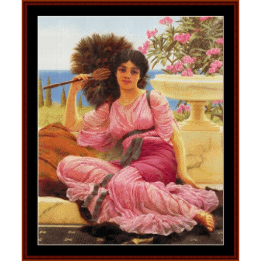 Counted Cross Stitch Pattern by Cross Stitch Collectibles of a woman in a pink dress with a broom, set against a scenic background.