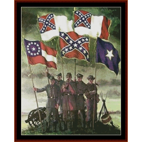 Counted Cross Stitch Pattern by Cross Stitch Collectibles of soldiers holding Confederate flags with a cannon and drum in the background.