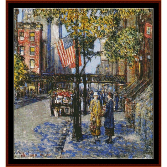 Counted Cross Stitch Pattern by Cross Stitch Collectibles of a city street scene with people and an American flag