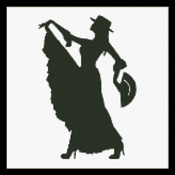 Counted Cross Stitch Pattern by Cross Stitch Collectibles of a silhouette of a flamenco dancer in a black and white color scheme.