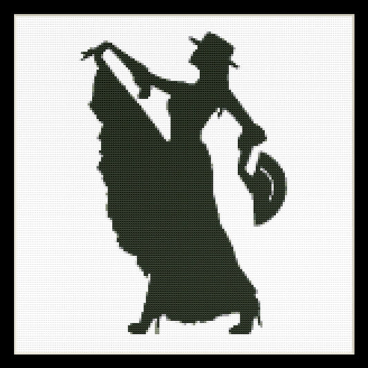 Counted Cross Stitch Pattern by Cross Stitch Collectibles of a silhouette of a flamenco dancer in a black and white color scheme.