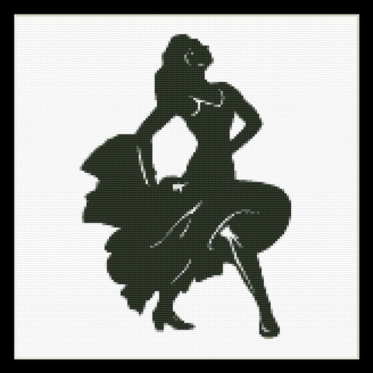 Counted Cross Stitch Pattern by Cross Stitch Collectibles - Black silhouette of a woman sitting on a chair on a white background